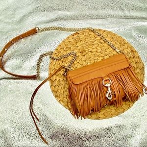 REBECCA MINKOFF FRINGE MINI MAC CROSSBODY CHAIN TASSLE BAG TAN LEATHER COGNAC
